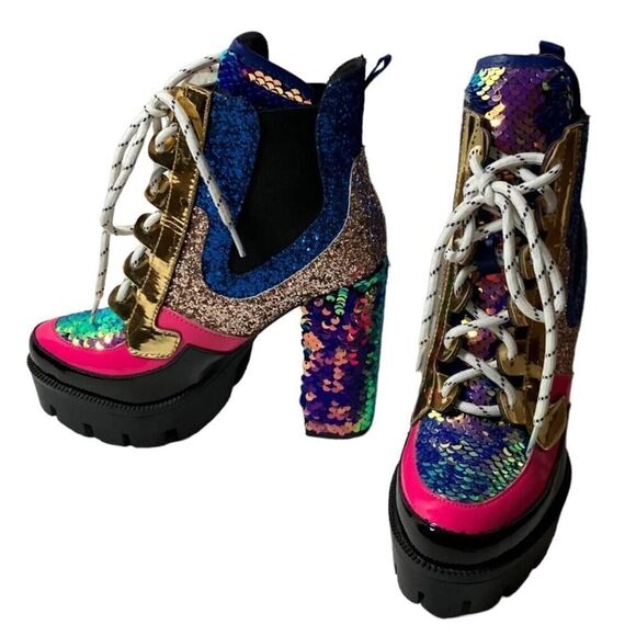 Cape Robbin Sequin Metallic Glitter Boot Heels Lace Up Rave Party Cosplay US 5.5 - Picture 11 of 11
